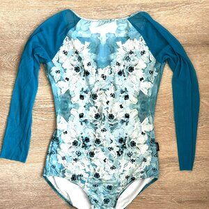 Gorgeous Nikolay Deveraux Long Sleeve Mesh Floral Print Leotard Turquoise Small